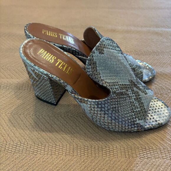 Paris Texas Heels Womens 36 Blue Leather Metallic Snakeskin Open Toe Mule Block - Picture 4 of 8